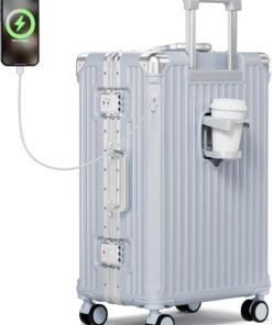 24 Inch Zipperless Checked Luggage with Charging Port and Cup Holder