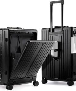 24 Inch Aluminum Frame Hard Shell Checked Luggage with Spinner Wheels, Combination Lock and Cup Holder