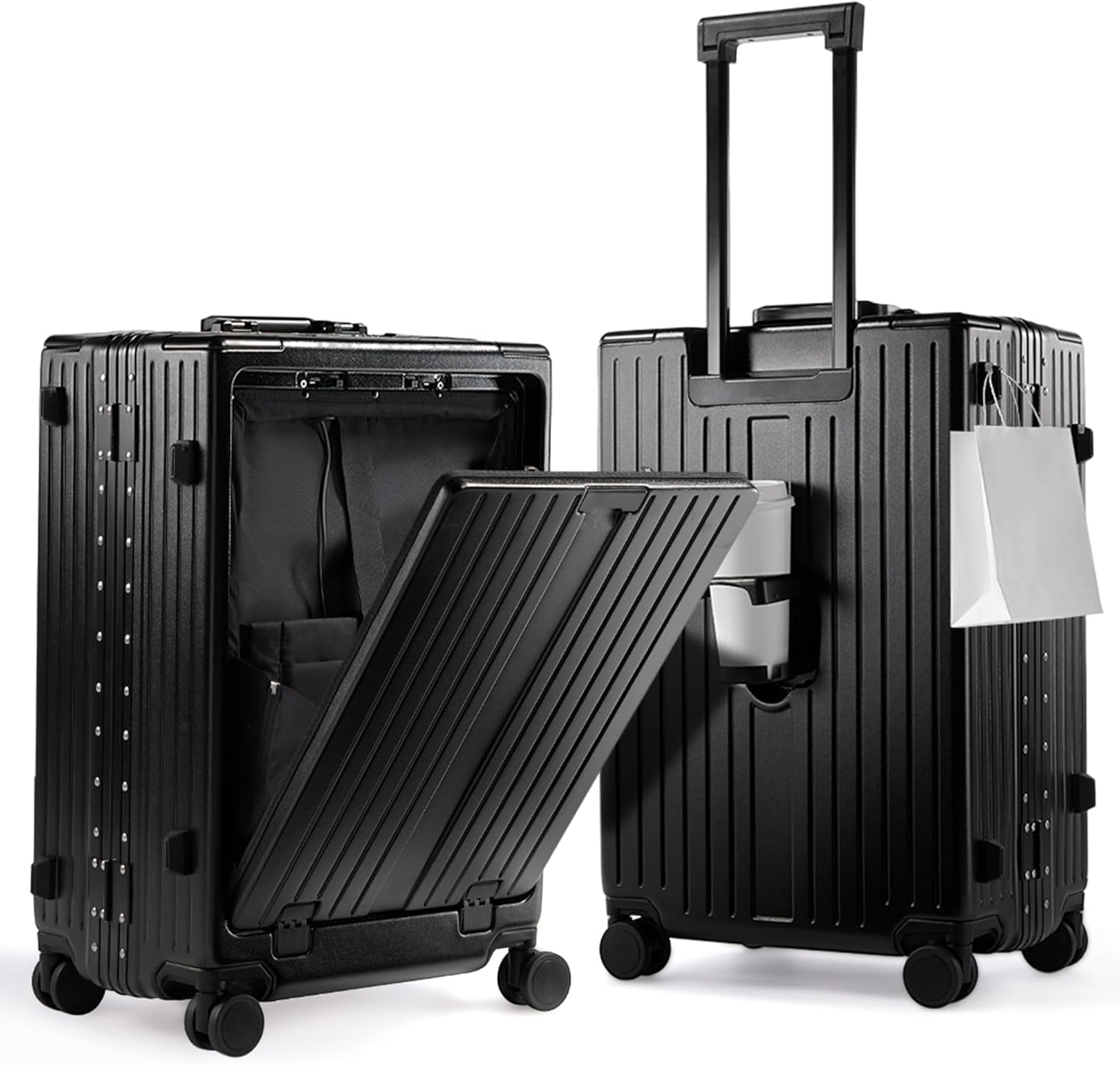 24 Inch Aluminum Frame Hard Shell Checked Luggage with Spinner Wheels, Combination Lock and Cup Holder