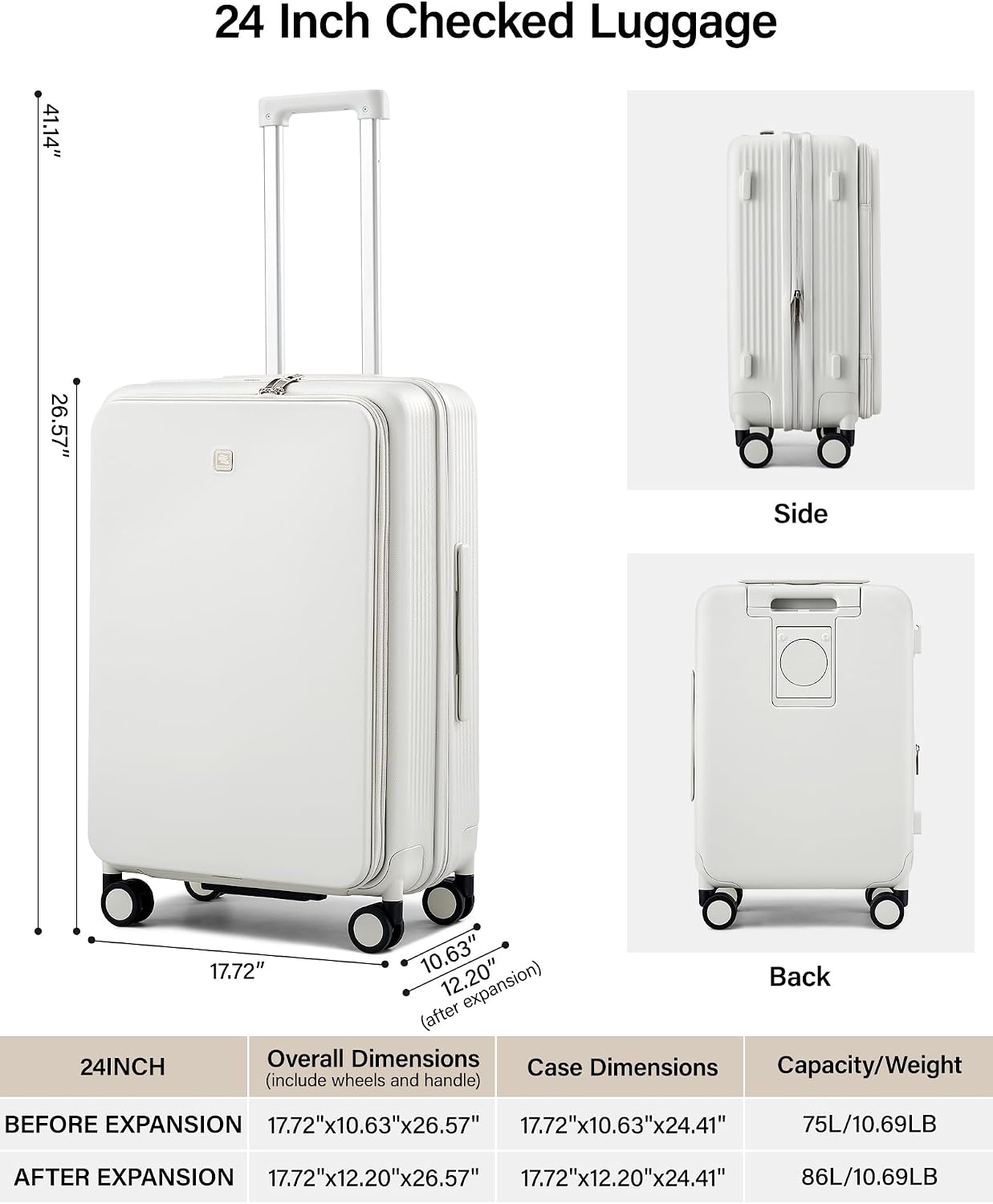 24 Inch Medium Expandable Top Opening Hard Shell Checked Luggage with Spinner Wheels and Cup Holder - Image 2