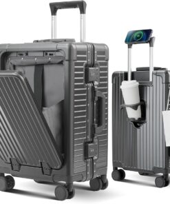20 Inch Lightweight Aluminum Frame Carry On Luggage with Front Pocket, Cup Holder, USB Charging Port and Spinner Wheels