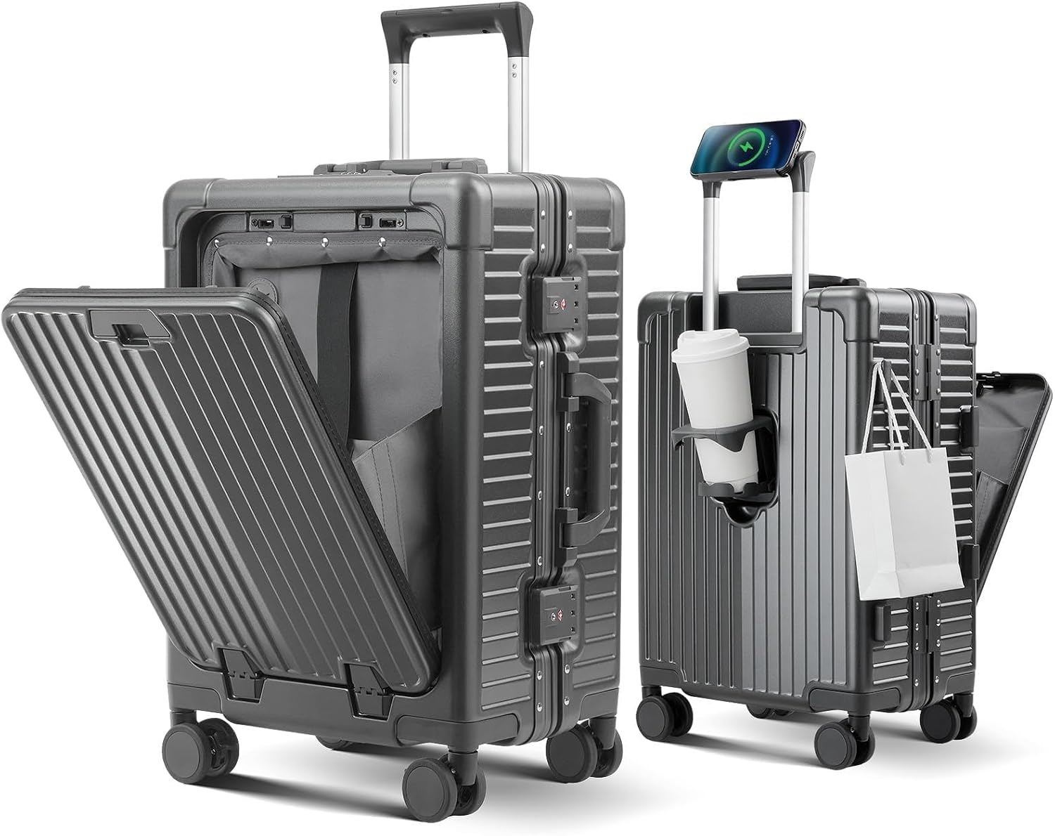 20 Inch Lightweight Aluminum Frame Carry On Luggage with Front Pocket, Cup Holder, USB Charging Port and Spinner Wheels