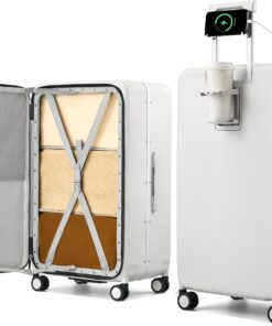 28 Inch Top Opening Checked Luggage with Cup Holder and Charging Port